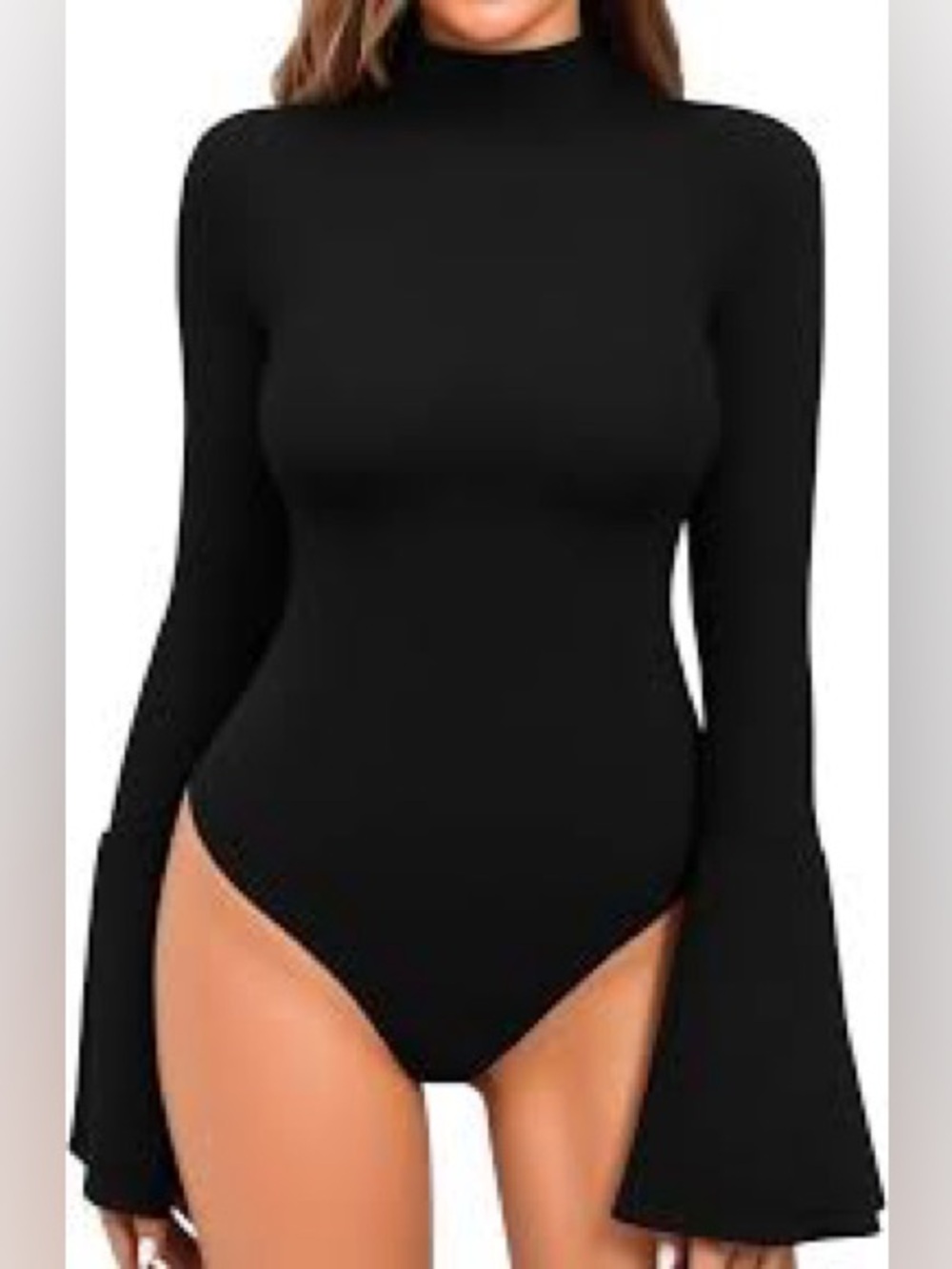 Mangopop Black Long Bell Sleeves Mock Neck Bodysuit
